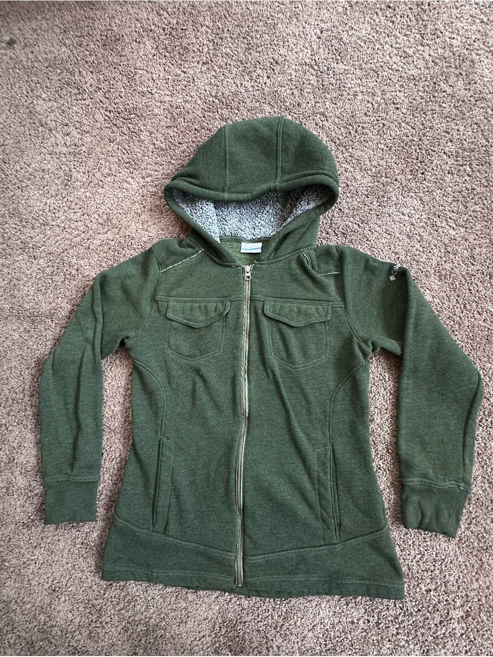Columbia Women's Sherpa Lined Full Zip Hoodie Jacket Olive Green Jacket- M